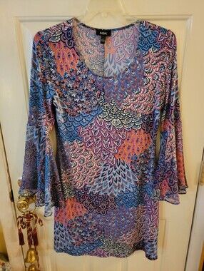 MSK Multicolor Printed V-Neck Long Sleeve Dress - Blue, Purple, Pink, Orange